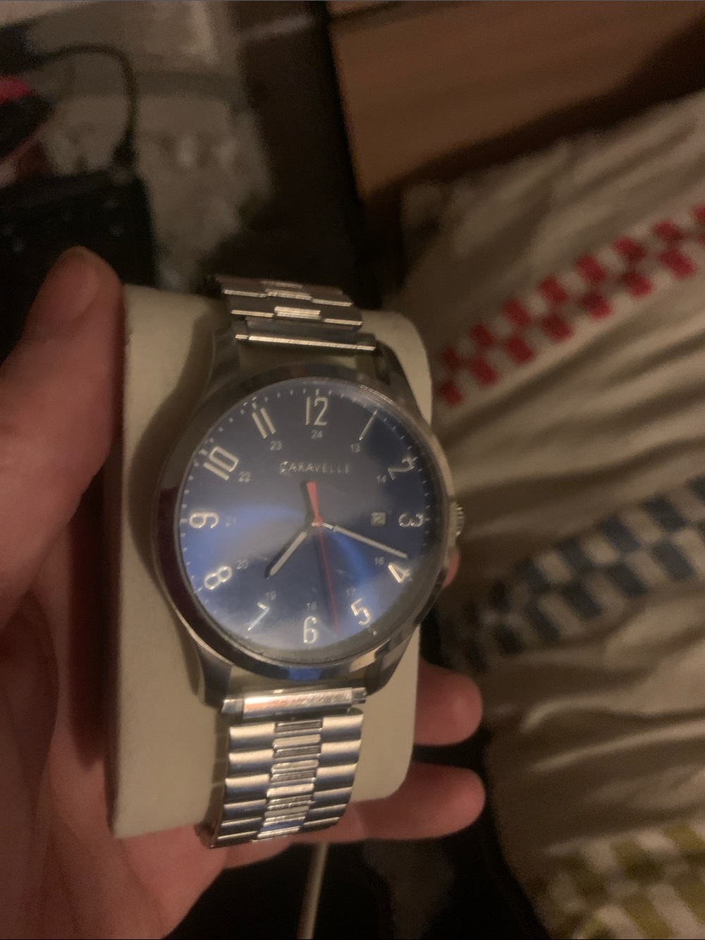 Stunning Bulova Carvelle large round blue dial w/red accents on Silver SS Band